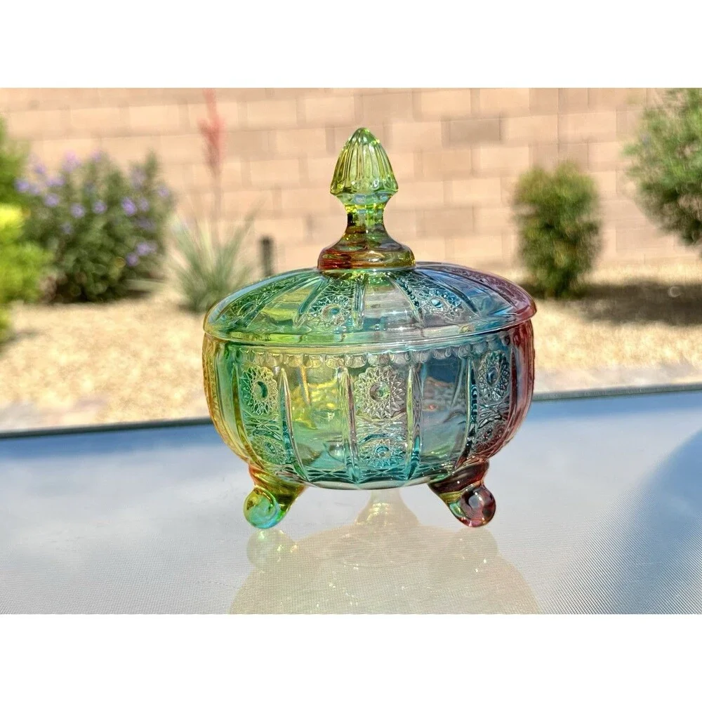 Glass Candy Dish Rainbow Jar 16oz Colorful Embossed Vintage Bowl with Lid
